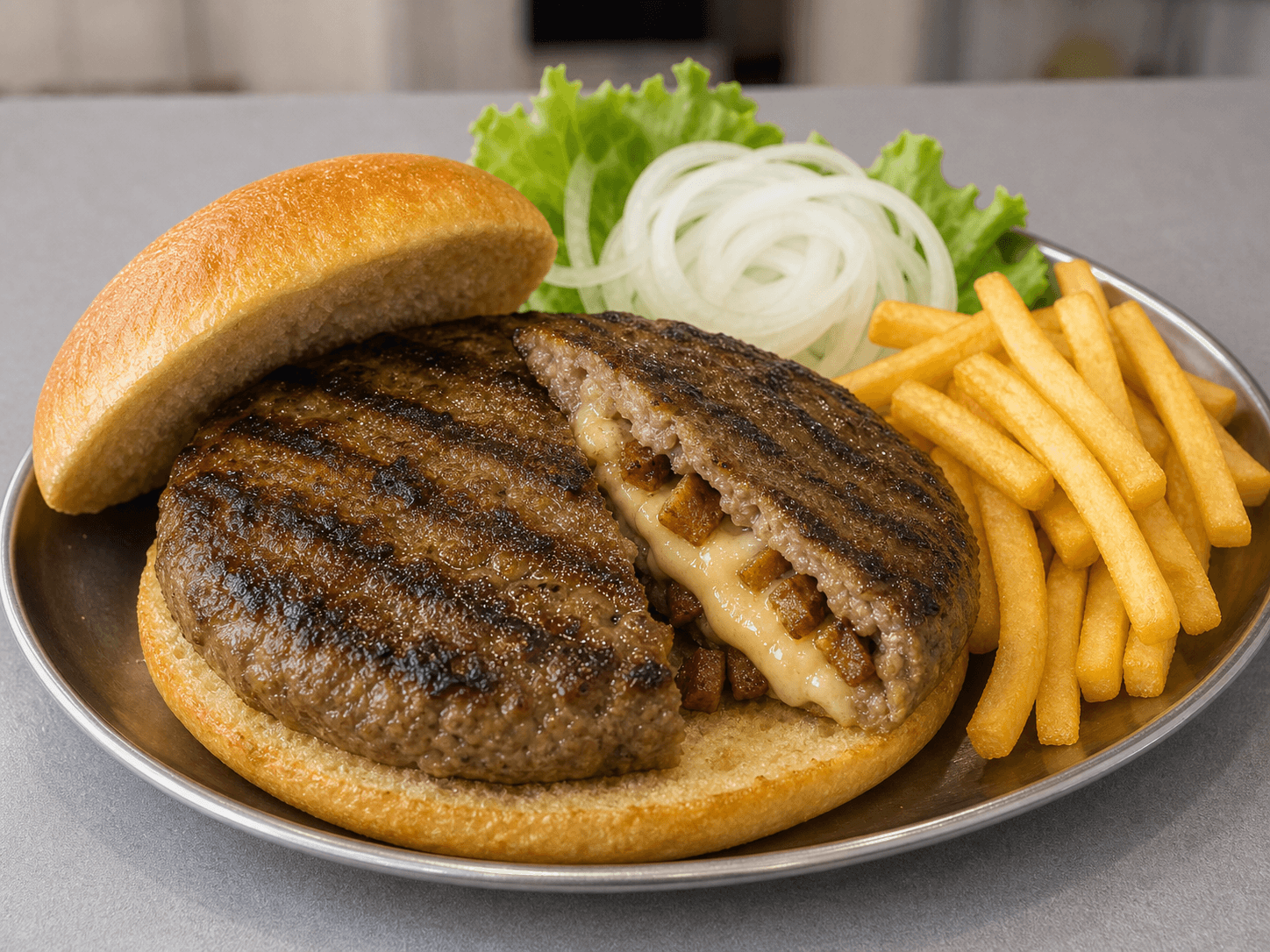 Punjena pljeskavica sa spržom i kačkavaljem 250g — Sa roštilja